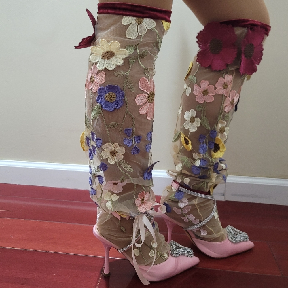 Handcrafted Embroidered Floral Sheer Socks with Velvet Trim - Picture 3 of 5